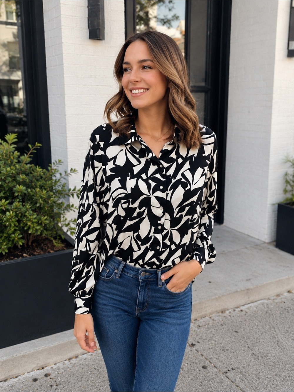 Black & White Botanical Print Button-Down Shirt